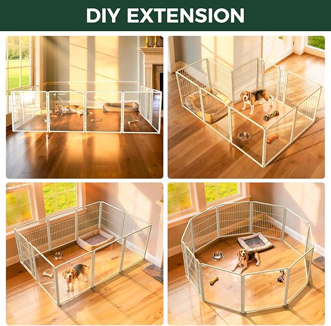 FXW Acrylic & Wire Mesh Indoor Dog Playpen, Heavy Duty 32 Inch 10 Panels Metal Dog Pen for Small and Medium Dogs, White│Patented