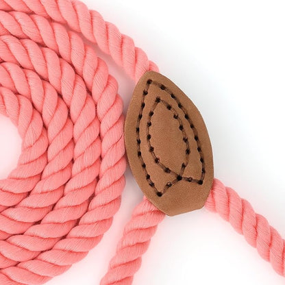 Mile High Life Dog Leash, Braided Cotton Rope Leashes with Leather Tailor Tip with Leather Tip - Heavy Duty Metal Clasp, 6FT, 1/2" Thick - Wedding, Walking Leash for Medium Large Dogs(Pink)