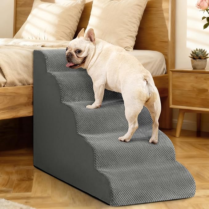 Aodisman Dog Stairs for High Bed,5 Step Dog Ramp for Small and Medium Dogs,Pet Stairs with Non-Slip Bottom for Puppy, Older Cat,Indoor Pet Steps,Comfort,Durable,22.4" H,Grey
