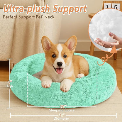 JOLLYVOGUE Calming Dog Bed Medium Size Dog, Anti-Anxiety Donut Medium Pet Bed, 31 inches Fluffy Faux Fur Round Cat Bed, Fits up to 45 lbs Pets (Mint Green)