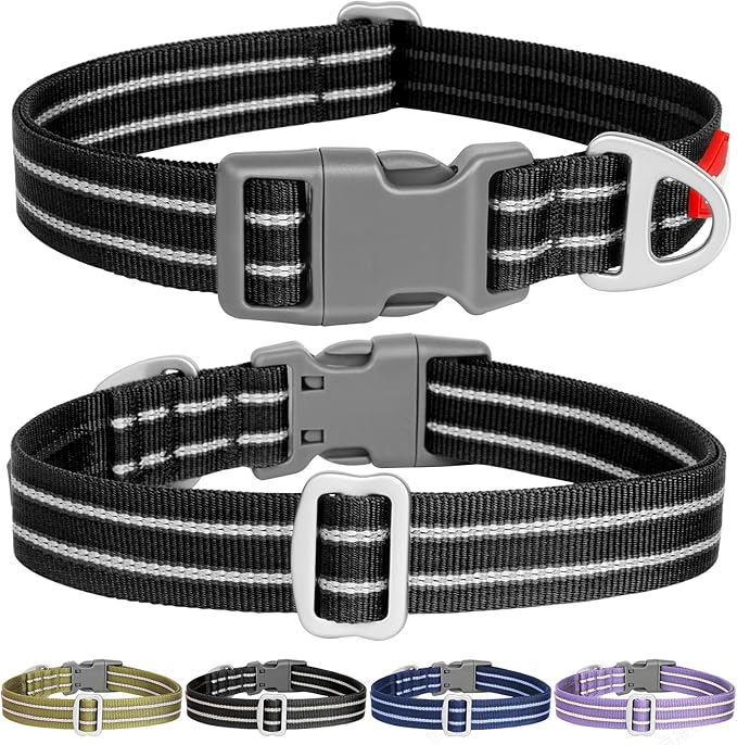 Tacwild Adjustable Reflective Dog Collar, Puppy Collar with D-Ring Buckle - Durable Safety Nylon Dog Collars for Large Dogs (Black-L)
