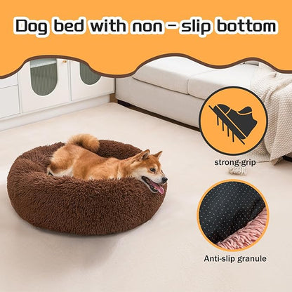 Comfort Donut Dog Bed for Small Dogs, Cat Bed & Pet Bed for Indoor Use, Medium Size with Soft Plush, Round Dog Beds for Large Dogs and Cats(Coffee, 32''Lx32''Wx8''Th)