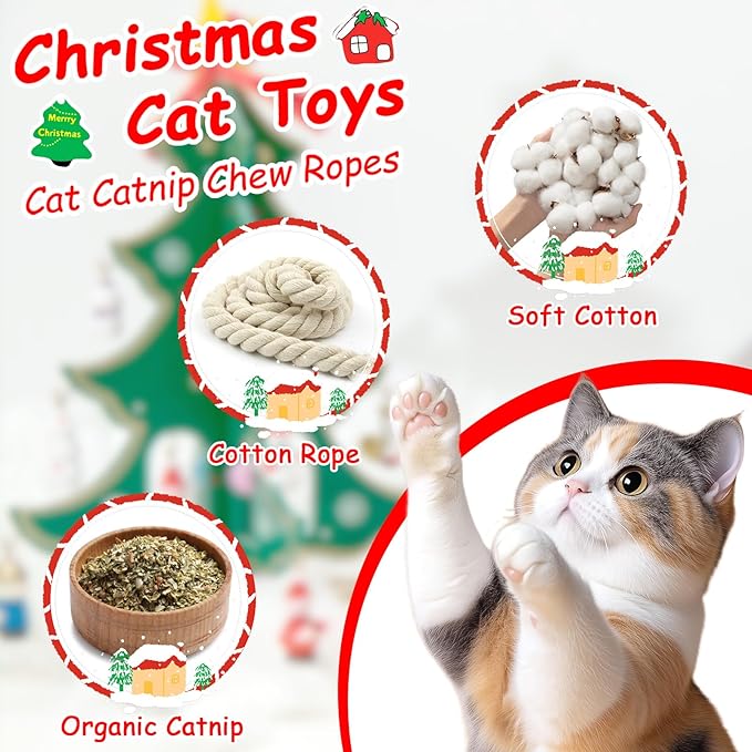 Retro Shaw Catnip Toys, Kitty Xmas Bundle Cat Toys Chew Ropes 3PCS, Catnip Kitten Toys for Indoor Cats Kitty, Safe Kitten Teething Chew Toy Cat Nip Kicker String