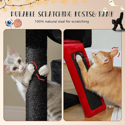 PAWZ Road Large Cat Tree, 41 Inches Gothic Cat Tower with 2 Spacious Condos for Indoor Cats, Large Black Cat House with Comfy Hammock, Padded Perch, Scratching Pad and Replaceable Balls-Black