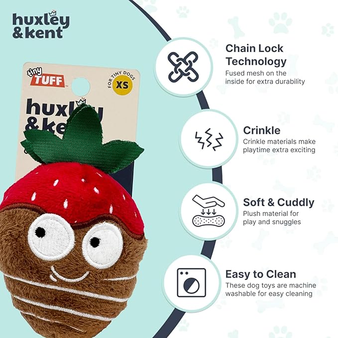 Huxley & Kent Tiny Tuff Plush Dog Toy w/Squeaker - Stuffed Toy for Small Dogs - Cute, Funny & Tough Toy for Fetch & Play - Tiny Tuff Chocolate Covered Strawberry