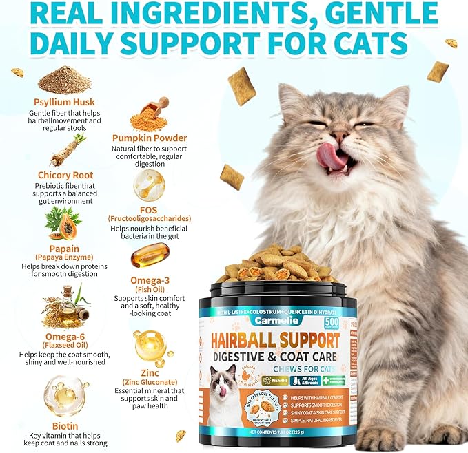 Cat Hairball Support Chews – 500 Crunchy & Creamy Texture Hairball Treats for Cats – Texture Indoor Feline Digestion Formula, Hairball Control & Cat Digestion Support, Chicken & Krill Flavor