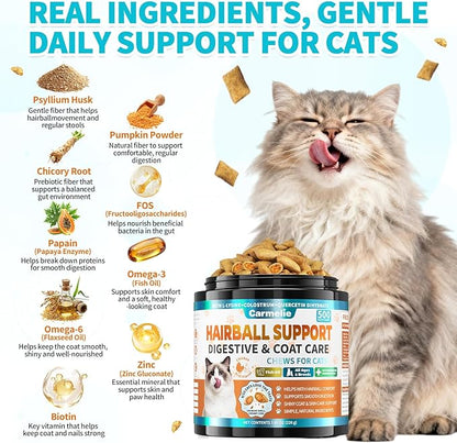 Cat Hairball Support Chews – 500 Crunchy & Creamy Texture Hairball Treats for Cats – Texture Indoor Feline Digestion Formula, Hairball Control & Cat Digestion Support, Chicken & Krill Flavor