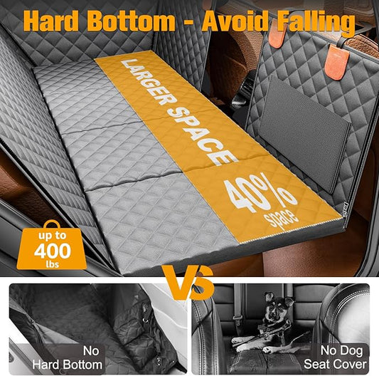 PETICON Back Seat Extender for Dogs, Hard Bottom Dog Car Seat Cover - Supports 400lbs, Rear Seat Pet Cover with Mesh Window, Waterproof Dog Hammock for Car SUV and Trucks