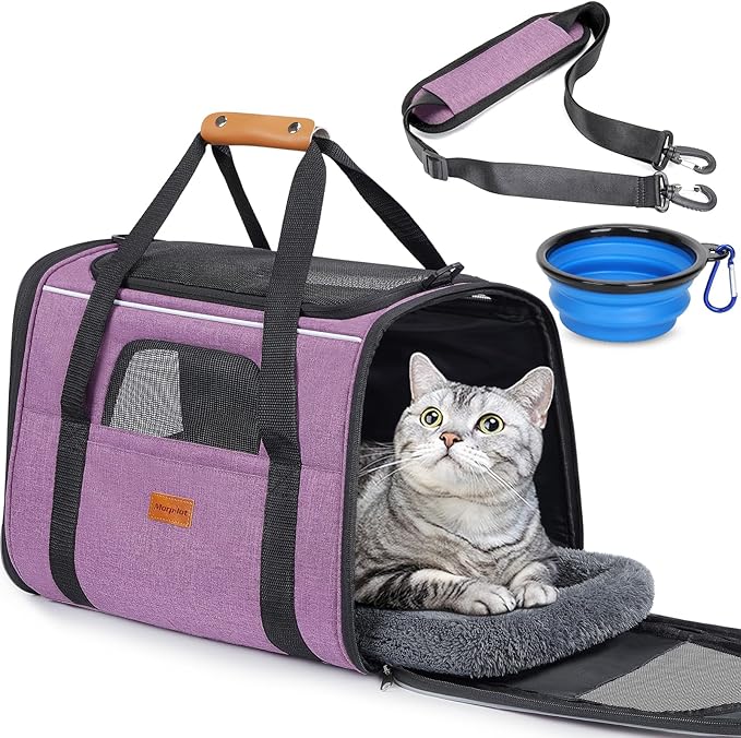 Morpilot Cat Carrier - Cat Carrier Soft for Medium or Large Cats up to 18lbs, with Dual-Sided Cushion, Secure Buckle and Foldable Bowl, Dog Carriers for Small Dogs(Purple)-17.3" L x 12.2" W x 13.4" H