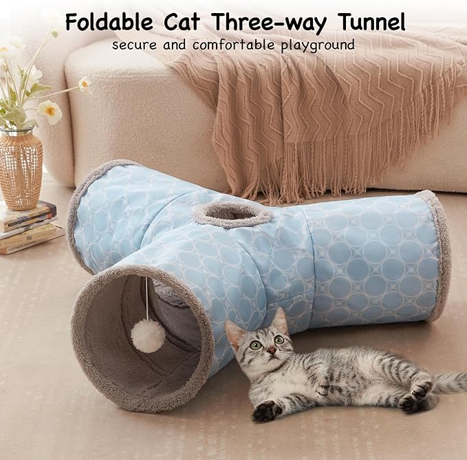 Tempcore Cat Tunnels for Indoor Cats Fleece-Lined in for Warmth, Pet Tube Toys 3 Way Collapsible, Pet Play Tunnel with Peek Hole Toy Ball for Kitty, Kitten, Rabbit, Geometry Blue