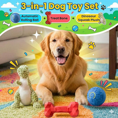 Interactive Dog Toy Play Set for Puppies & Small to Medium Dogs – Includes Self Rolling Ball, Durable Rubber Treat Chew Bone & Squeaky Plush Dinosaur