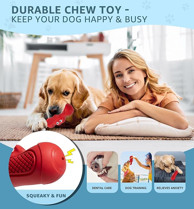 Durable Dog Chew Toy for Aggressive Chewers, Tough Natural Rubber Squeaky Dog Toy with Irresistible Beef Flavor, Dental Care, Teeth Cleaning & Boredom Relief for Medium & Large Dogs (Red)