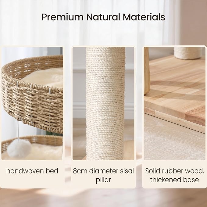 Solid Wood Cat Tree,Modern Cat Tower with Scratching Posts, Hand-Woven Beds & Toys | Heavy-Duty 20lbs Capacity,Indoor Cat Furniture for Big Cats