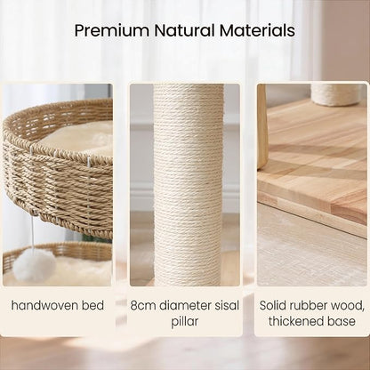 Solid Wood Cat Tree,Modern Cat Tower with Scratching Posts, Hand-Woven Beds & Toys | Heavy-Duty 20lbs Capacity,Indoor Cat Furniture for Big Cats
