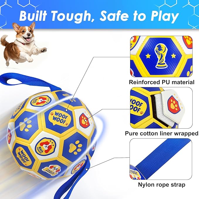 Vivifying Dog Toys Balls, Interactive World Cup Soccer Ball for Small Medium Dogs, Durable PU Enrichment Training Toy with Straps for Indoor and Outdoor Tug-of-War & Playing (6 Inches)