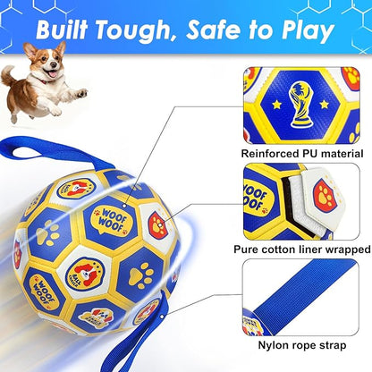 Vivifying Dog Toys Balls, Interactive World Cup Soccer Ball for Small Medium Dogs, Durable PU Enrichment Training Toy with Straps for Indoor and Outdoor Tug-of-War & Playing (6 Inches)