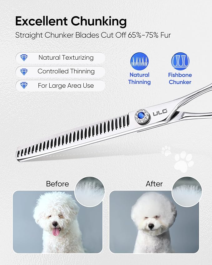 ULG Professional Dog Grooming Scissors 7.0” Straight Chunker Shear 65%-75% Thinning Rate 440C Japanese Stainless Steel Tension Adjustable Left & Right Handed Pet Grooming Shears