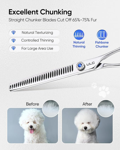 ULG Professional Dog Grooming Scissors 7.0” Straight Chunker Shear 65%-75% Thinning Rate 440C Japanese Stainless Steel Tension Adjustable Left & Right Handed Pet Grooming Shears