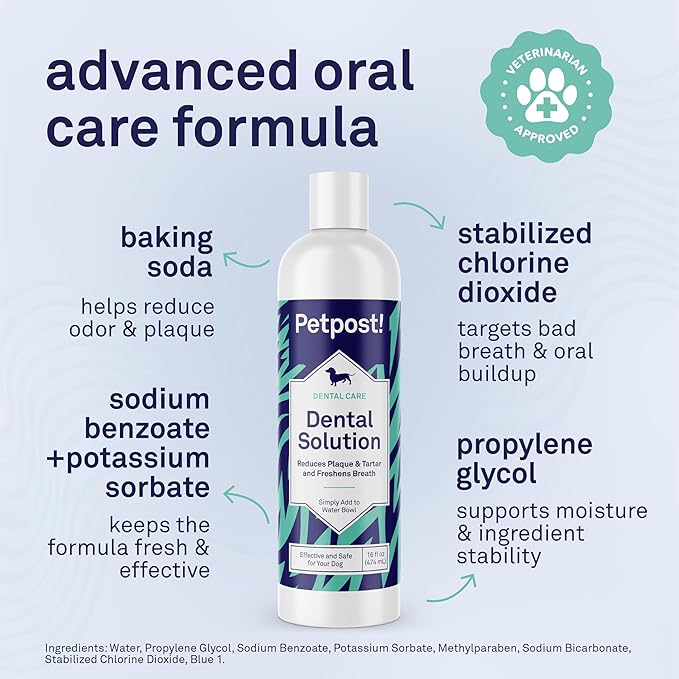 Petpost | Dental Solution for Dogs - Water Additive That Eliminates Bad Breath - Dirt, Gunk, and Tooth Buildup Gone - Natural Tooth Cleaning Solution 16 oz.