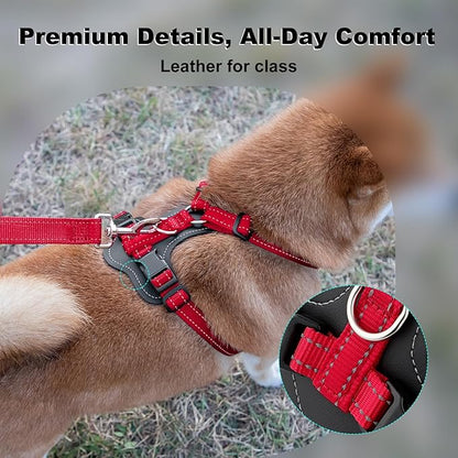 Plutus Pet Adjustable No Pull Dog Harness with Leather Accents, Heavy Duty Reflective Nylon Vest for Training, Hiking, Easy Walk Harness for Small, Medium, Large Dogs (Red, XL)