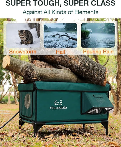 Indestructible Heated Cat House for Outside Winter, 100% Waterproof, Safe Escape Door, Insulated Outdoor Cat Shelter with Heater for Feral Barn Cat Kitty (Forest Green, 24"x15"x18")