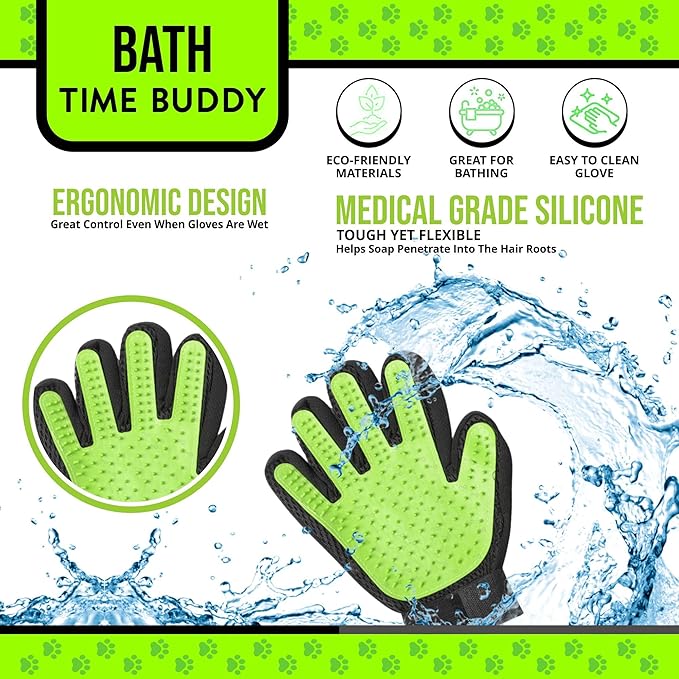 Pet Grooming Gloves – 1 Pair – Deshedding & Bath Massage Mitts for Dogs & Cats – Choose from 5 Colors – Adjustable, Reusable & Easy to Clean (Lime Green)