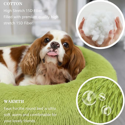 Calming Dog Bed for Medium Dogs Washable Donut 30 inches Anti-Slip Pet Bed,Round Fluffy Plush Faux Fur Cat Bed,Fits up to 45 lbs Pets,Grey