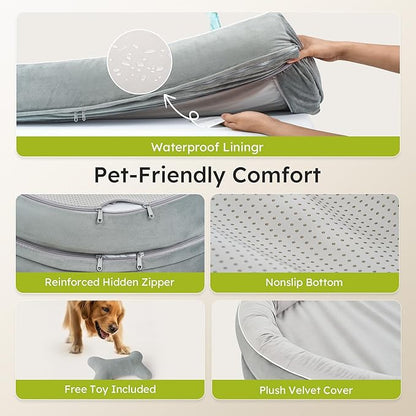 CWAWZ XXL Orthopedic Dog Bed, 53 in. Dog Bed for Large Sized Dogs with Full-Surround Bolsters, Dual-Sided Dog Cooling Beds with Memory Foam, Washable Pet Sofa Couch with Nonslip Bottom, Light Grey