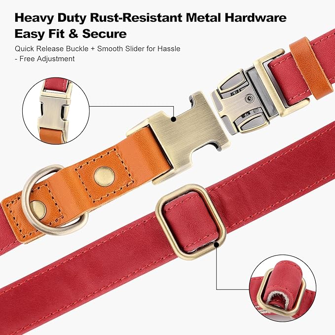 Plutus Pet Genuine Leather & Hemp Dog Collar – Adjustable Heavy Duty Pet Collar with Quick Release Metal Buckle, Soft & Stylish for Puppy and Small, Medium, Large Dogs (Red, XS)