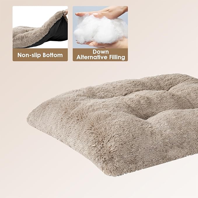 EHEYCIGA Fluffy Dog Crate Bed for Extra Large Dogs, Plush Faux Fur Crate Pad, Calming Anti Anxiety XL Dog Bed, Washable Soft Warm Crate Mat with Non-Slip Bottom, Taupe