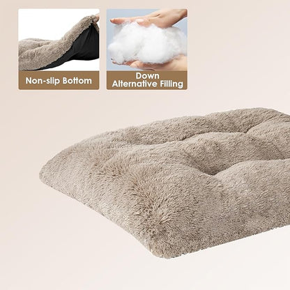 EHEYCIGA Fluffy Dog Crate Bed for Small Dogs, Plush Faux Fur Crate Pad, Calming Anti Anxiety Small Dog Bed, Washable Soft Warm Mat with Non-Slip Bottom, Taupe