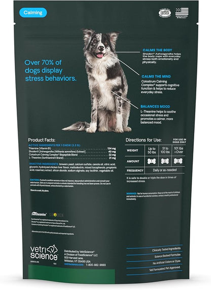 VetriScience Calm & Confident Chews, Composure Clinically Tested Calming and Anxiety Ashwagandha Supplement for Dogs, Stress Relief, Separation Anxiety, Behavior Support, Chicken, 90 Count