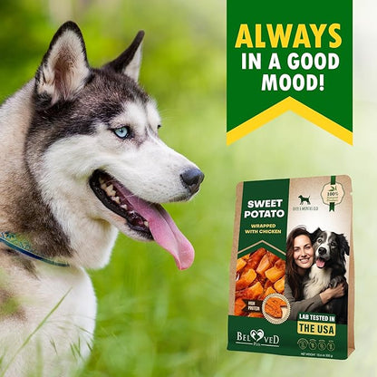 Beloved Pets Sweet Potato Dog Treats & Healthy Chicken Chews 10.6 Oz - Puppy Snacks & Soft Bones for Large, Medium & Small Breeds - Natural Dog Food & Grain-Free, Rawhide-Free Training Jerky Wraps