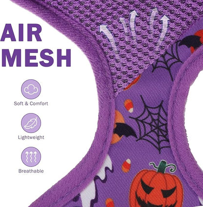 SCENEREAL Halloween Small Dog Harness Collar and Leash Set, Adjustable No Pull Pet Harnesses, No Chock Soft Mesh Step in Vest Costume for Doggie Puppy Dogs Cats Girl Boy Outdoor Walking