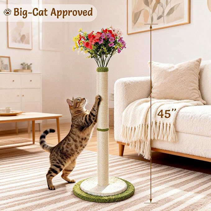 CWV 45" Tall Cat Scratching Post, Cute Violet Flower Cat Scratcher for Indoor Adult Cats & Kittens, Cat Tree Tower with Sturdy Base, Sisal Rope, Interactive Toys & Cat Gifts, Rascadores para Gatos