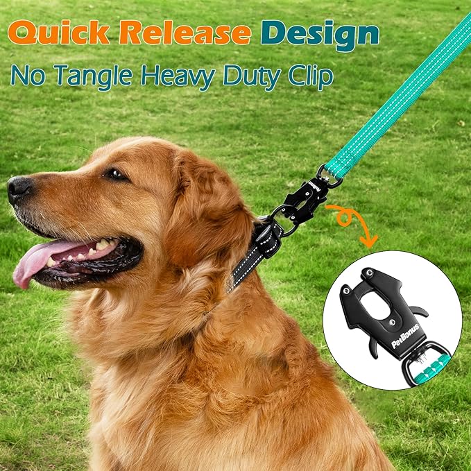 PetBonus Heavy Duty Short Dog Leash, 18 Inch Nylon Traffic Leash with Quick Release Clip, Comfortable Padded Handle, Reflective Training Lead for Medium Large Dogs (Turquoise, 18")