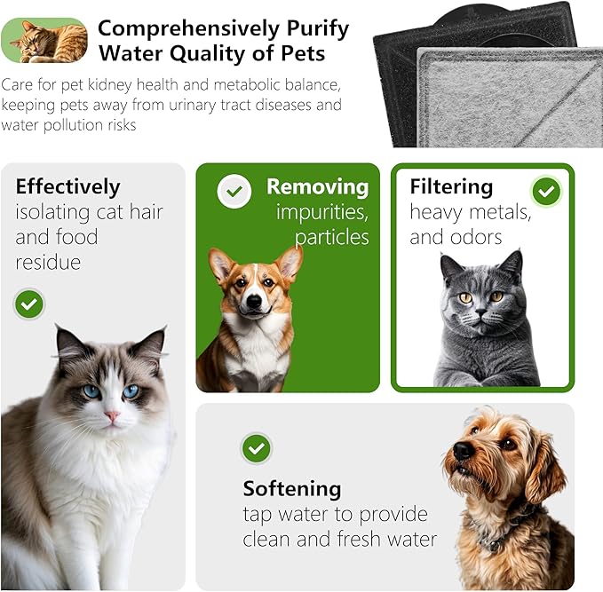 TOGGATH Cat Water Fountain Replacement Charcoal Filter Square Compatible with Petsafe Premier, Ion-X, Outlast Pumpless & Viva Pet Water Fountain, Carbon Filters for Cat and Dog Indoor (BLACK, 12 PACK)