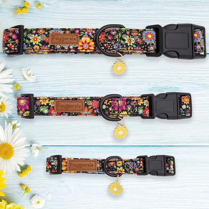 Faygarsle Floral Dog Collar for Girls and Female Dogs Soft and Fancy Pet Collar with Flower Design Ideal Black Dog Collar for Small Medium Large Dogs S