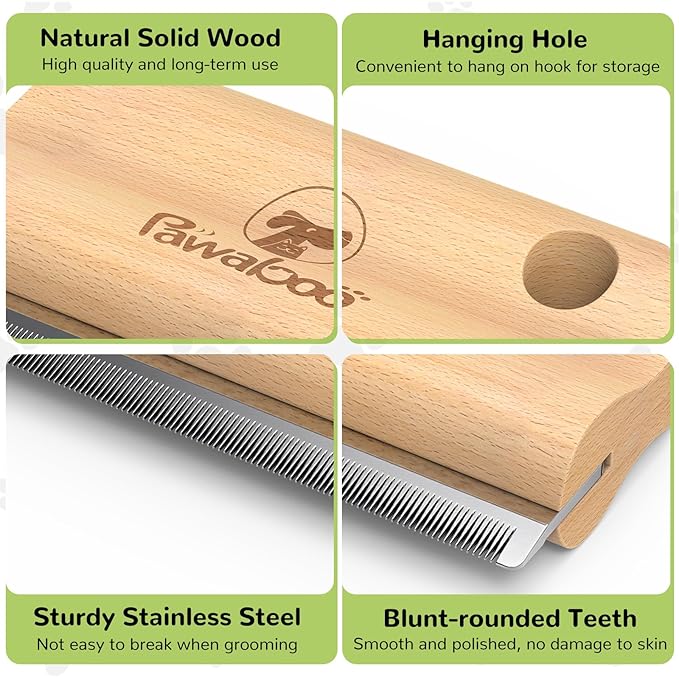 Pawaboo Deshedding Brush for Dogs & Cats, Dog Hair Removal Comb with Ergonomic Gripping, Wooden Grooming Shedding Brush for Long Hair Dogs and Cats, Hangable Pet Cleaning Comb Supplies