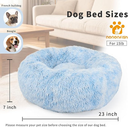 Calming Donut Dogs Beds for Small Dogs Washable,23inch Plush Round Pet Bed for Cozy Sleep,Fluffy Faux Fur Large Cat Bed,Fits up to 25 lbs Pets,Gradient Blue