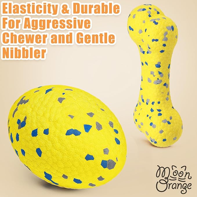 Moonorange 2Pcs Upgrade Bone Dog Balls+Rugby Dogs Toys for Aggressive Chewers, Indestructible Tennis Balls for Dogs (Yellow)