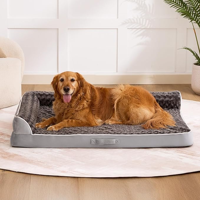 Dog Beds Large Sized Dogs, XL Orthopedic Dog Beds for Large Dogs 42"x30"x7.5", Waterproof Pet Bed with Washable Cover, L-Shaped Pet Couch with Portable Handle, Grey