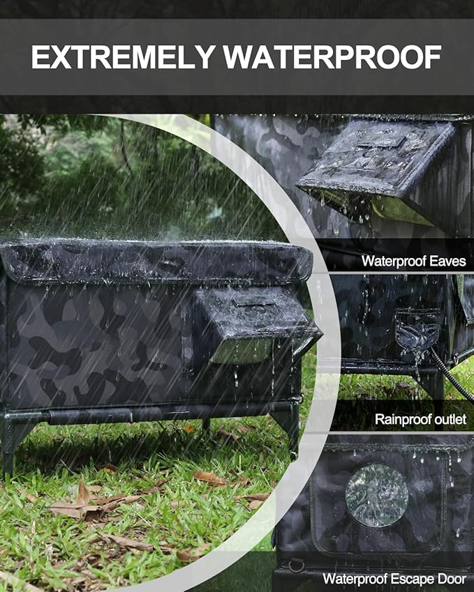 Heated Cat House for Outside,Dual Camera Mounts,100% Weatherproof & Extremely Insulated,Elevated Feral Cat Shelter with Escape Door,Waterproof Eaves for Outdoor Stray Barn Cat(Dark Camo,S)