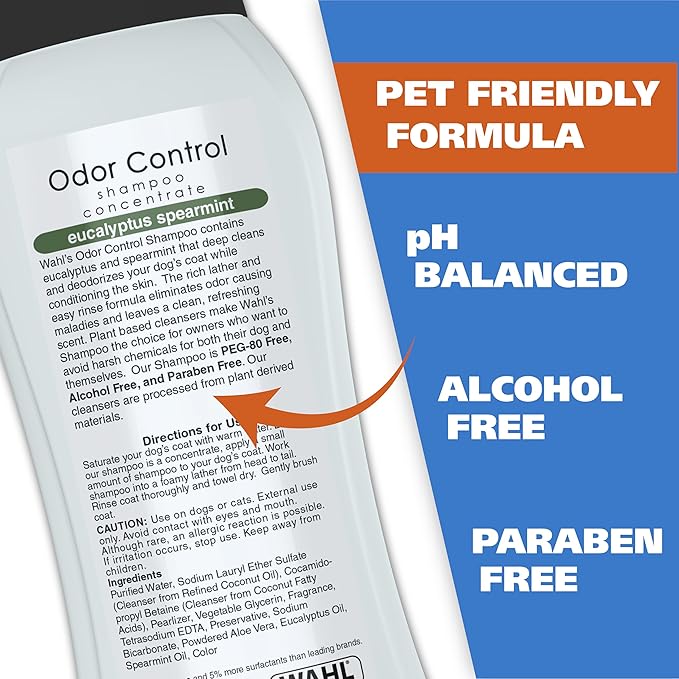 Wahl USA Odor Control Shampoo for Dogs & Pets - Eucalyptus & Spearmint Animal Deodorizer for Cleaning & Freshening – 24 Oz - Model 820003A