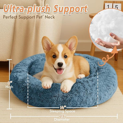 JOLLYVOGUE Calming Dog Bed for Small Dogs - 23 inches Donut Washable Small Dog Bed for Kittens & Puppies, Anti-Slip Round Fluffy Plush Faux Fur Cat Beds (Fits up to 25 lbs Pets, Blue)