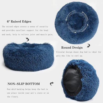 Calming Donut Dogs Beds for Small Dogs Washable,19inch Fluffy Round Puppy Bed for Puppies,Cats & Toy Breeds with Raised Rim,Fits up to 15 lbs Pets,Navy Blue