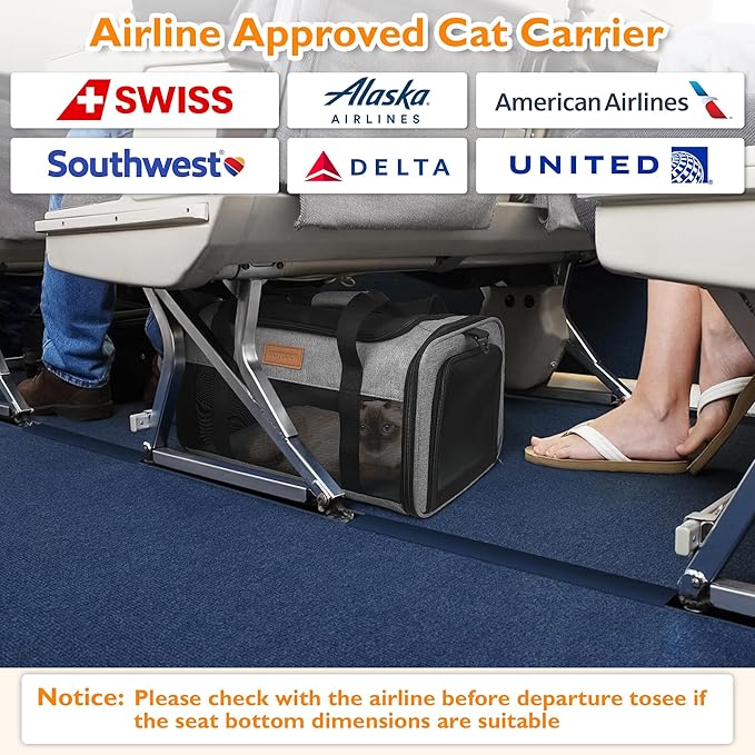 PETUX Airline Approved Pet Carrier - 17x11x9.5 in, Underseat, Top & Side Entry, Soft Sided Cat Dog Carrier for Small Cat & Dog Up to 12 lbs with Anti-Scratch Mesh & Litter Box for Travel & Vet - Grey