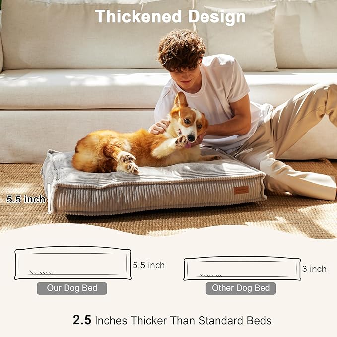 FUKUMARU 5.5-Inch Thick Dog Bed Mat, Washable Cat Bed with Waterproof Lining, Orthopedic Dog Beds for Senior Dogs, Cozy Flat Dog Kennel Bed for Crate, Non-Slip Pet Pillow Bed, Grey