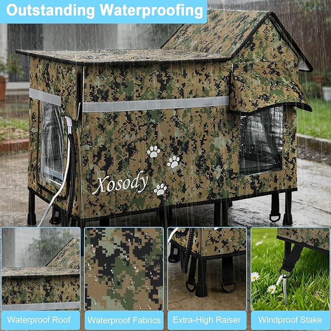 Xosody Heated Cat House for Outside Cats- 100% Weatherproof Insulated Outdoor Cat House with Heating Pad, Elevated Base & Safe Escape Door, Warm Kitty Shelter for Feral or Stray Cats in Winter