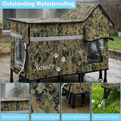 Xosody Heated Cat House for Outside Cats- 100% Weatherproof Insulated Outdoor Cat House with Heating Pad, Elevated Base & Safe Escape Door, Warm Kitty Shelter for Feral or Stray Cats in Winter